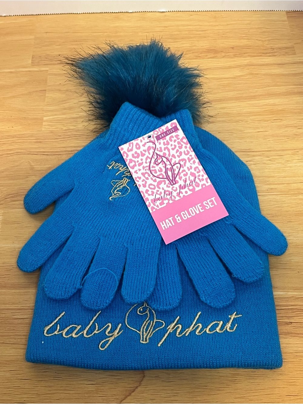 Baby Phat Teal Knit Pom Hat & Glove Set with Gold Logo